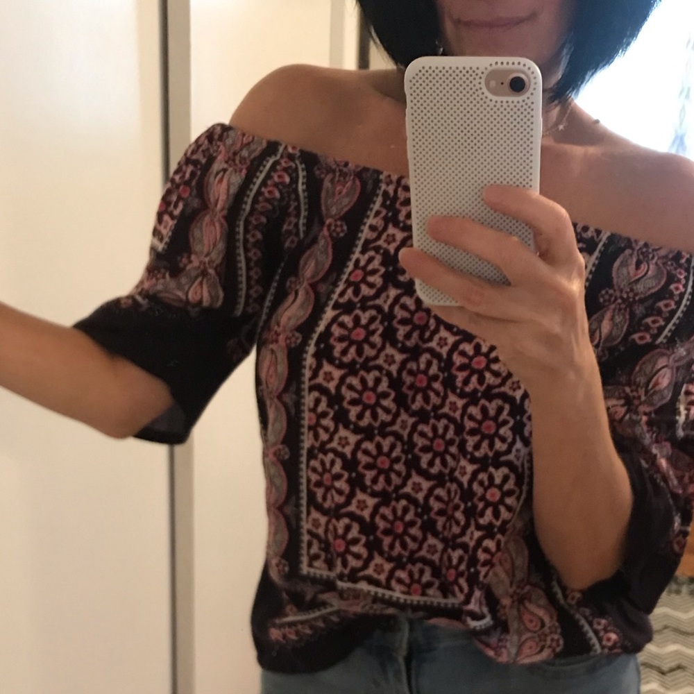 Off the shoulder shirt.
